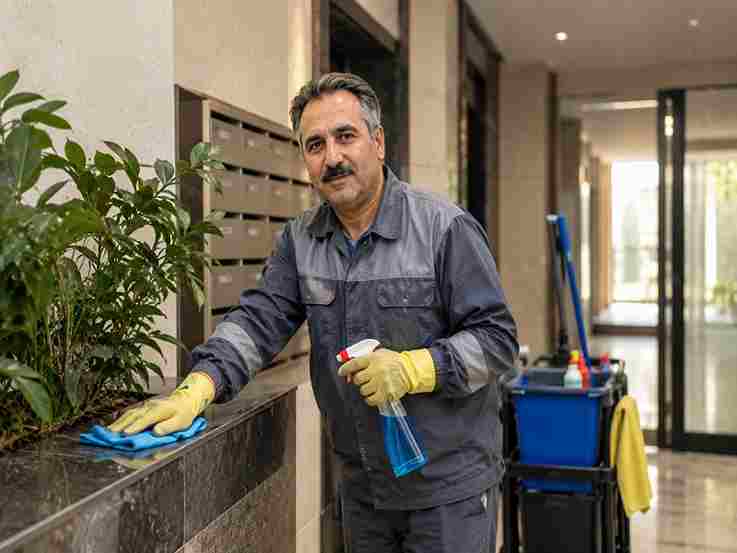 سرایدار مجتمع مسکونی در حال بررسی و نگهداری قسمت‌های عمومی ساختمان